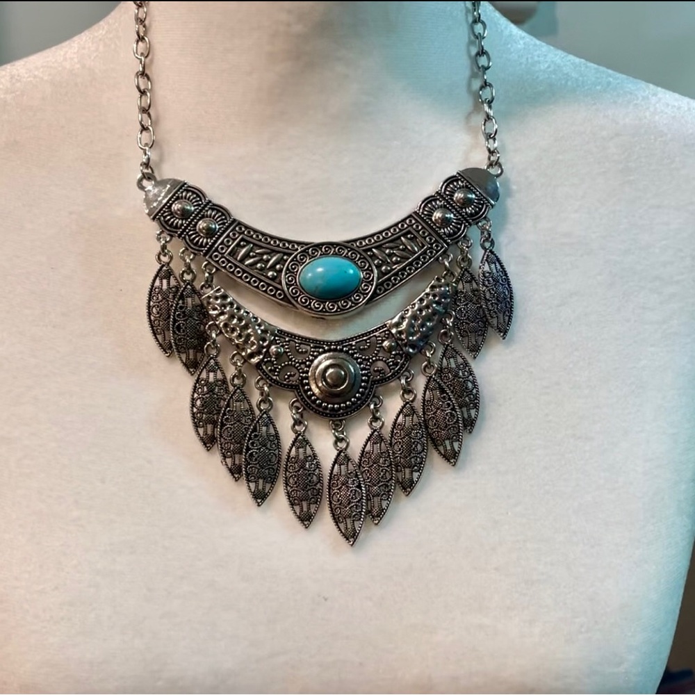 Boho Western Silver Bib Necklace w/ Faux Turquoise & Feather Charms, Tribal